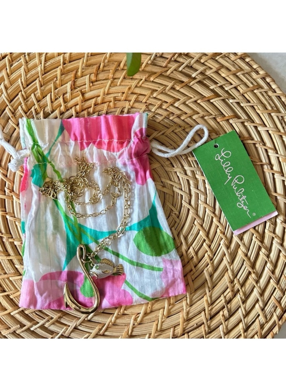 Lilly Pulitzer What. Catch Fish Hook Goldtone Necklace with Storage Bag